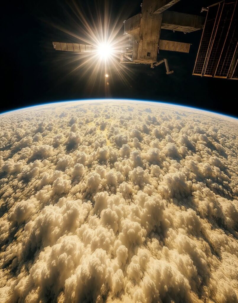 Photo from the International Space Station showing a dense field of cumulus and stratocumulus clouds, illuminated by the Sun during orbital sunrise, viewed from low Earth orbit.