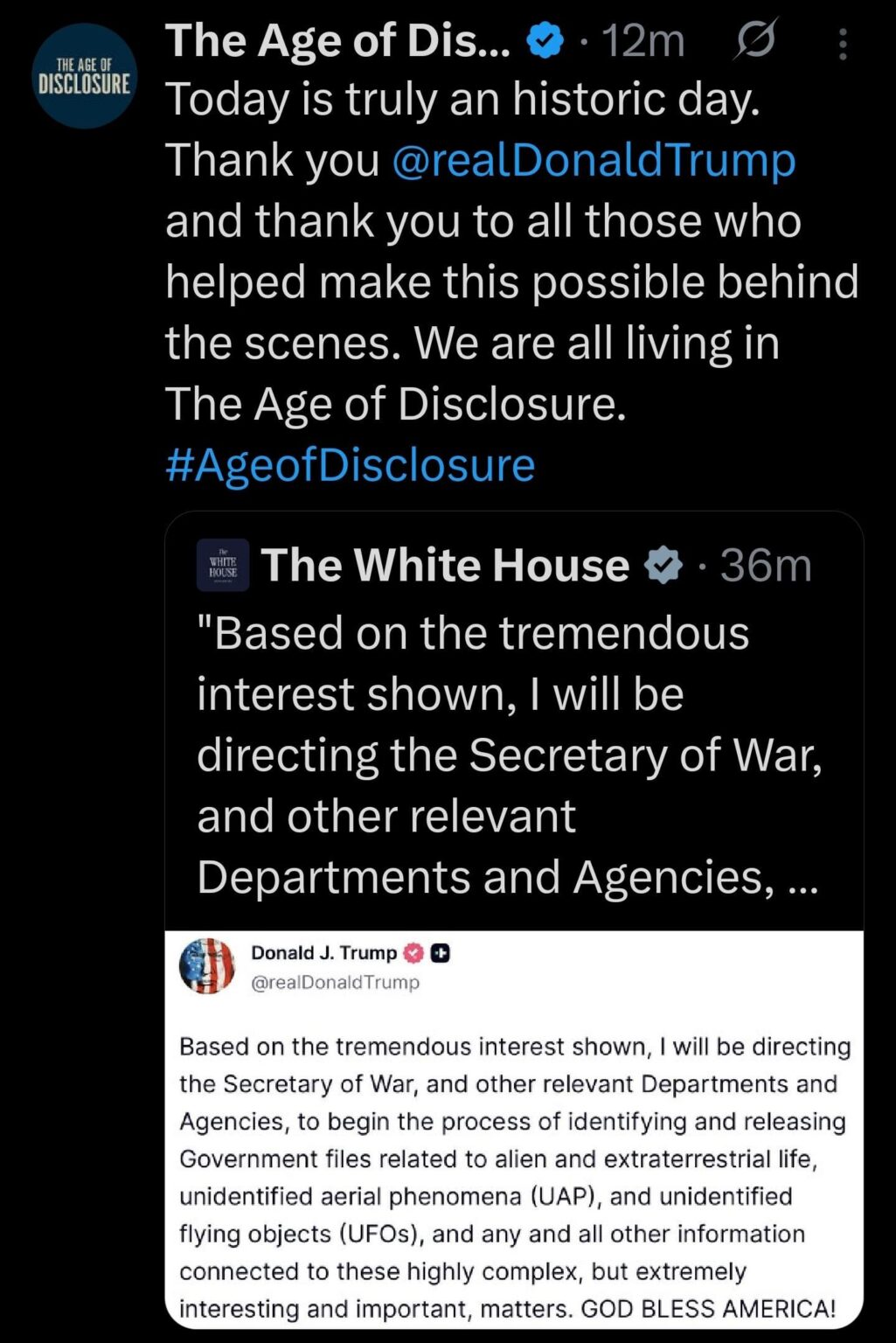 Age of Disclosure Twitter Account Thanks President Trump