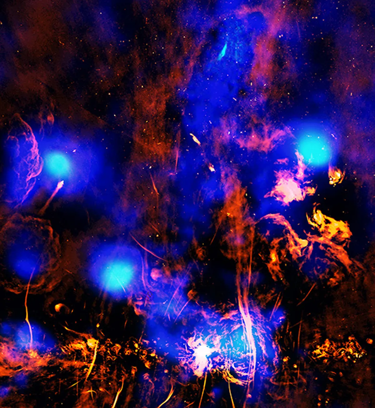 Image of the region near the centre of the Milky Way galaxy showing the supermassive black hole Sagittarius A*, a chimney and a vent funnelling cosmic material outwards. Captured by the Chandra X-Ray Observatory and the MeerKAT telescope. Credit: X-ray: NASA/CXC/Univ. of Chicago/S.C. Mackey et al.; Radio: NRF/SARAO/MeerKAT; Image Processing: NASA/CXC/SAO/N. Wolk