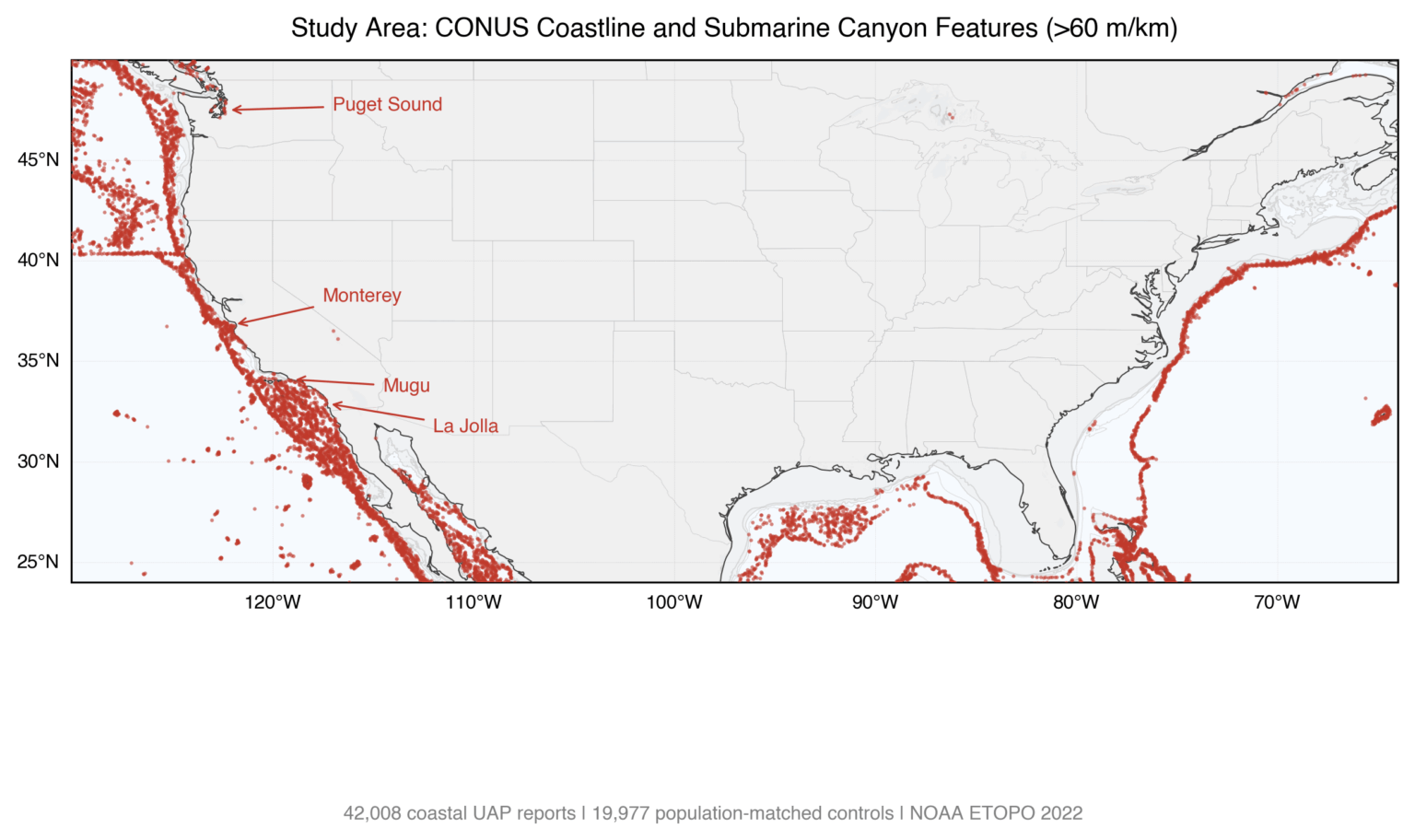 UAP sightings cluster where the seafloor drops fastest (41k reports, NOAA bathymetry, permutation tests) UAP sightings cluster where the seafloor drops fastest (41k reports, NOAA bathymetry, permutation tests)