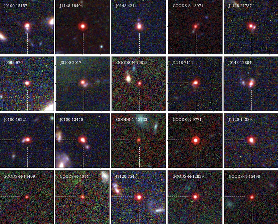 Grid of 20 images. Each panel holds a glowing red dot in a pixelated dark field