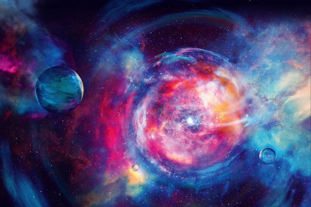 Illustration of the early Universe and an ancient star, lots of blues and pinks