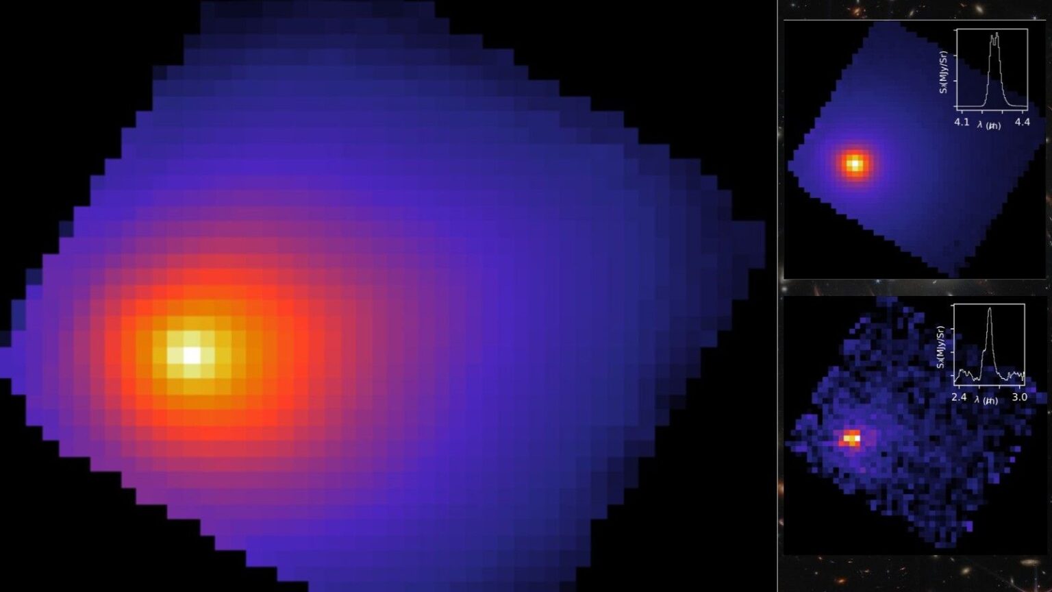 James Webb Space Telescope takes 1st look at interstellar comet 3I/ATLAS with unexpected results three different panels showing a bright orange and yellow blob on a deep purple background