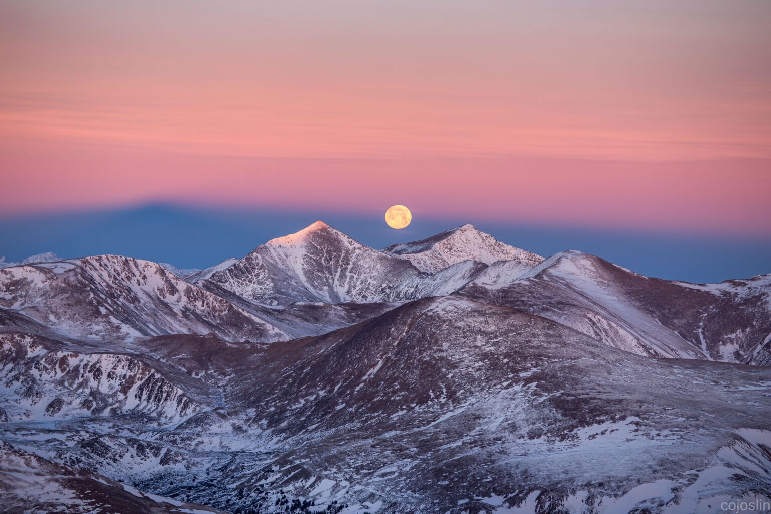 Photographed February's Snow Moon from the summit of one of Colorado's 14ers this morning