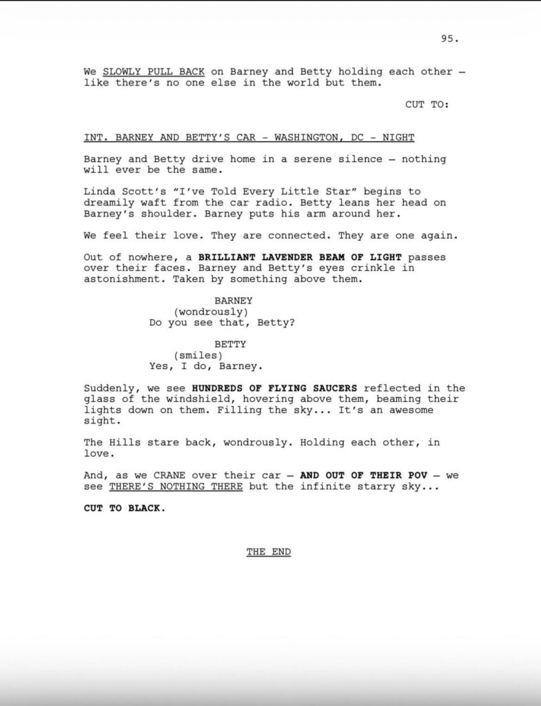The last page of the script for White Mountains, the Betty and Barney Hill movie produced by the Obamas.