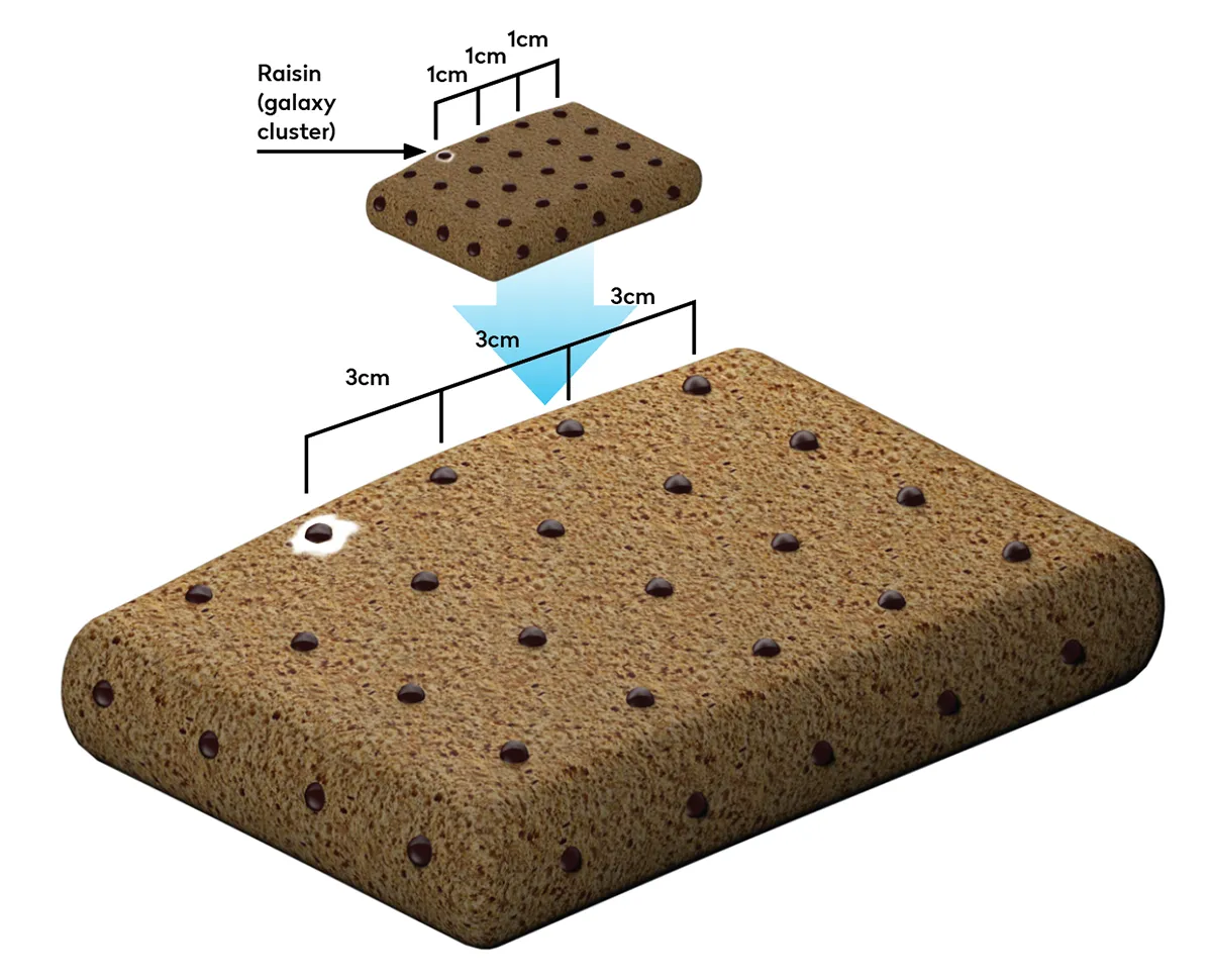 As bread bakes, the raisins in the bread (like galaxies in our Universe) don’t change size, but the dough (the space between galaxies) keeps getting bigger as it rises. Credit: Paul Wootton