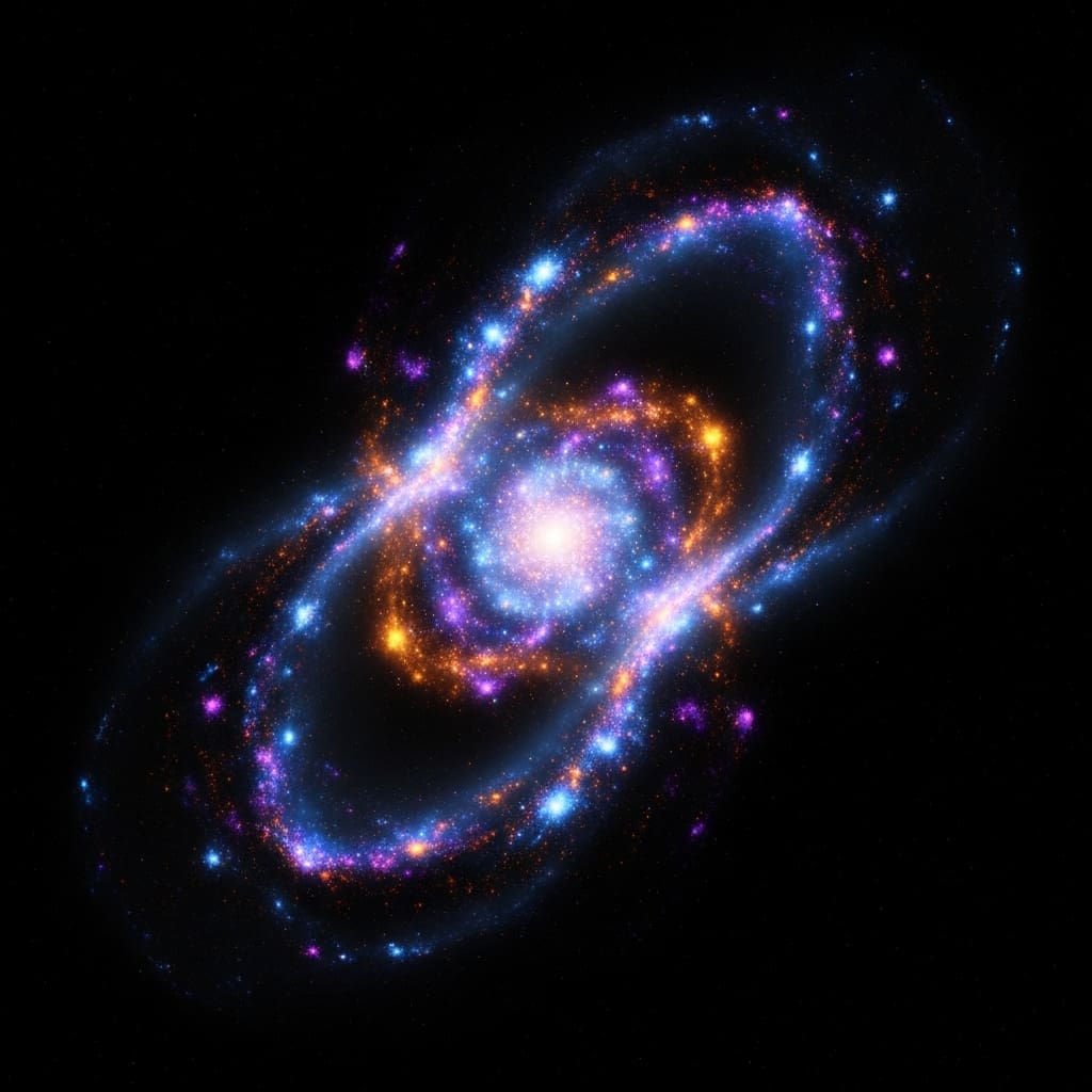 Dark Matter Links To Origin Of Matter Imbalance Glowing visible matter cluster intertwined with faint invisible dark halo structure, asymmetry between two sides subtly visible