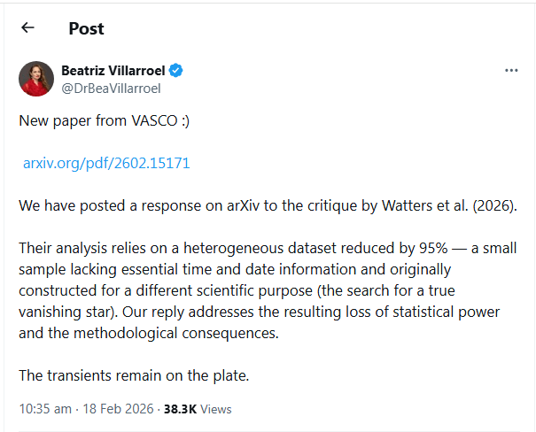 Beatriz Villarroel new paper responds to a critique of the transients by Watters - "The transients remain on the plate"