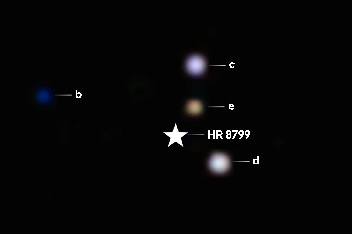 Direct image of exoplanets (the dots marked b, c, d and e) around star HR 8799, captured by the James Webb Space Telescope. Credit: NASA, ESA, CSA, STScI, Laurent Pueyo (STScI), William Balmer (JHU), Marshall Perrin (STScI)