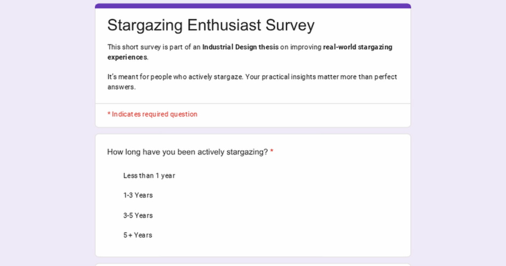 Stargazing enthusiasts: looking for your real-world experience for a design thesis. Stargazing enthusiasts: looking for your real-world experience for a design thesis.