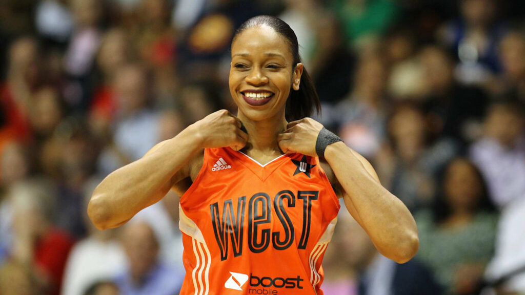 Jul 27, 2013; Uncasville, CT, USA; Western Conference player Tina Thompson (7) smiles during the 2013 WNBA All Star Game at Mohegan Sun Arena. Mandatory Credit: Danny Wild-Imagn Images