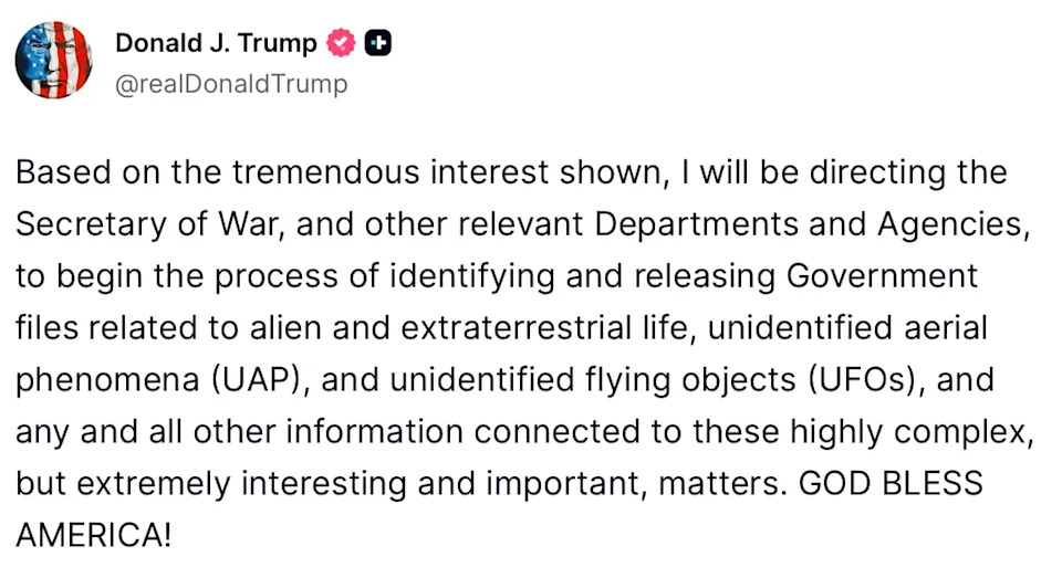 After Obama's podcast clip went viral, President Donald Trump directed the federal government to release files related to aliens. Many believe it was meant to distract from the fallout from the Epstein Files. / Truth Social/Screengrab