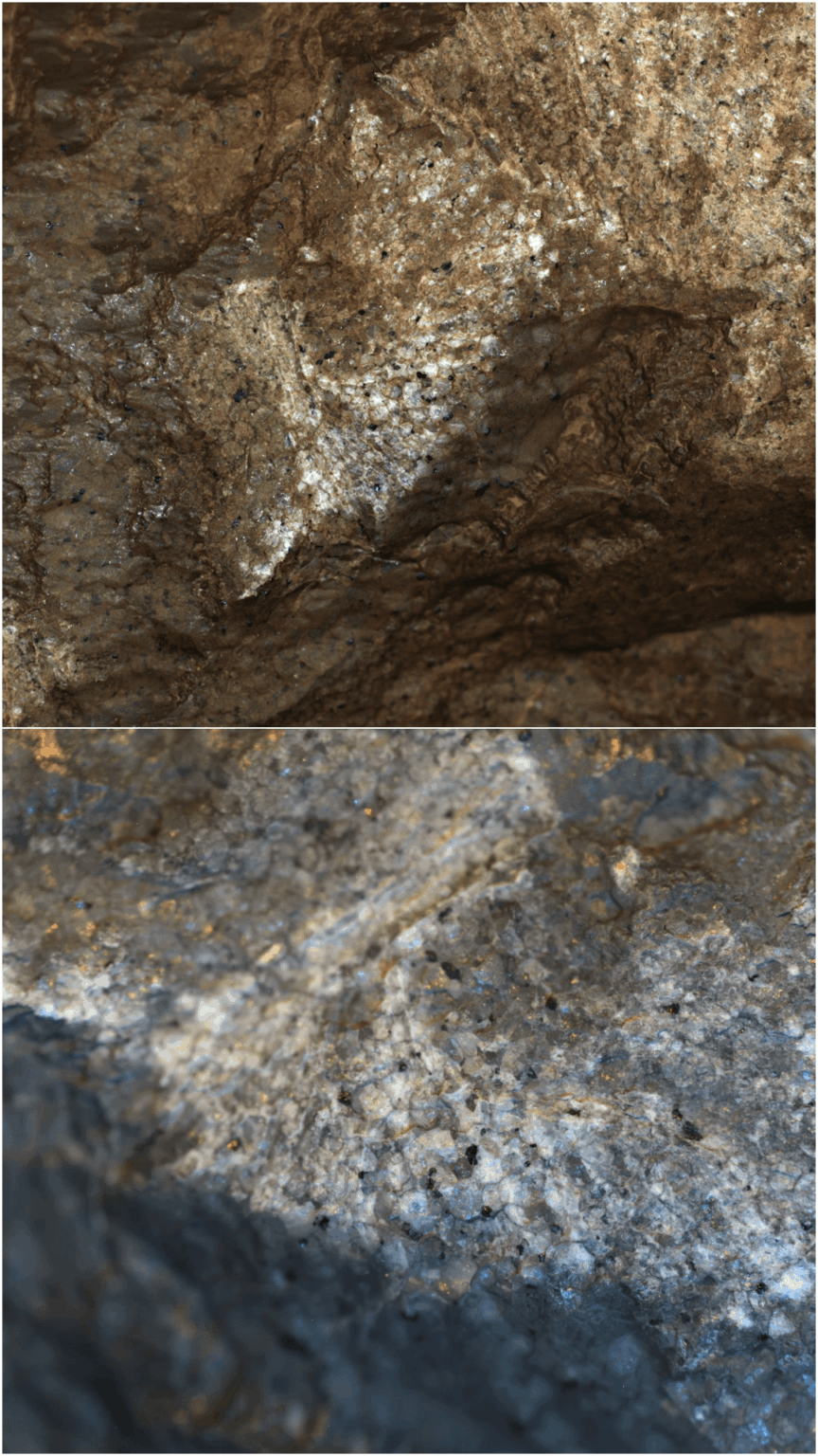 Texture of rock that was examined by Perseverance Rover. The first image is a false-color composite of two different illumination angles from SHERLOC, and the second is a full color view from WATSON. Both taken on Sol 1811.(25.3.26). processed by Kevin M Gill