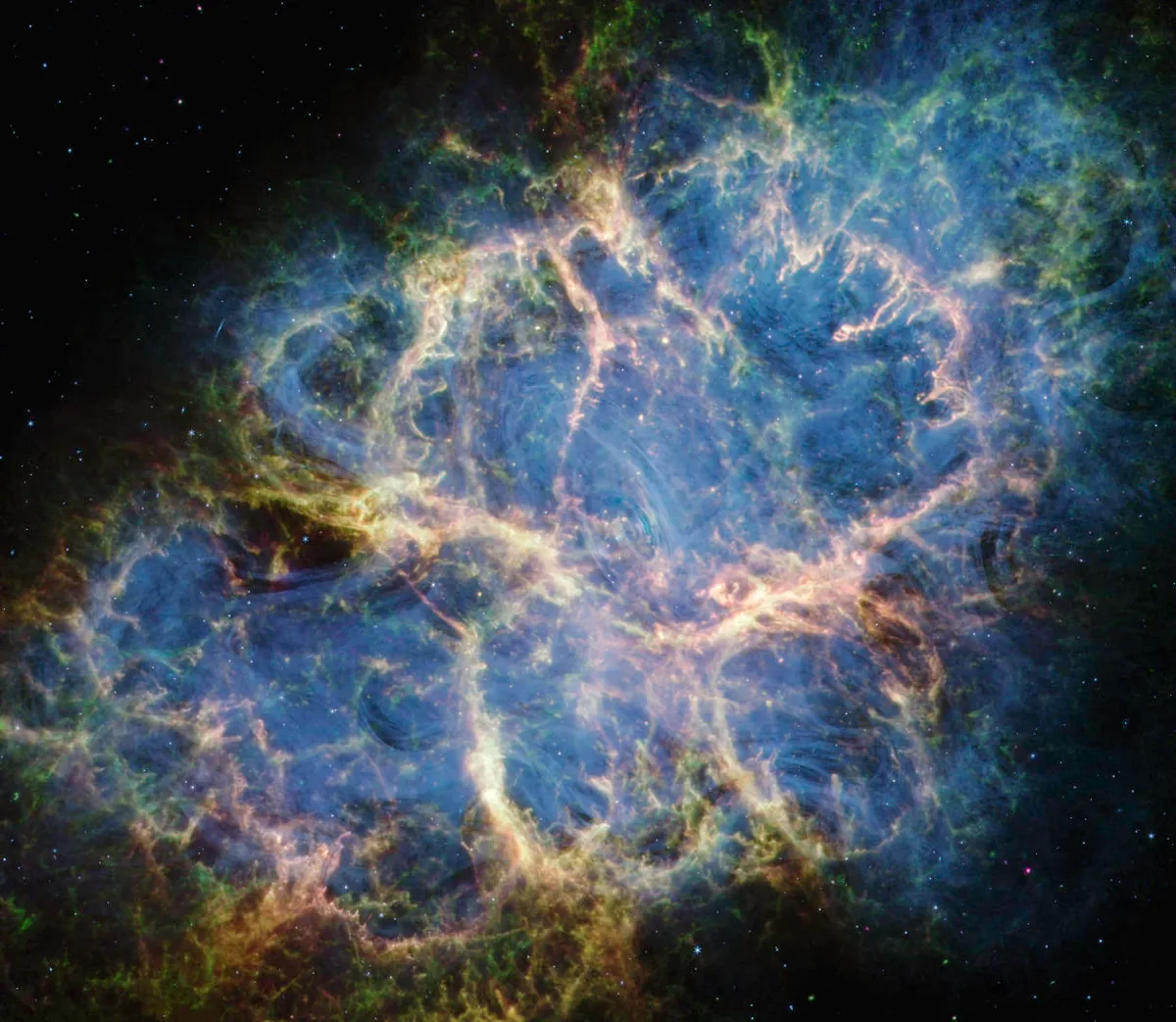 The Crab Nebula, as seen by the James Webb Space Telescope. Credit: NASA, ESA, CSA, STScI, Tea Temim (Princeton University)
