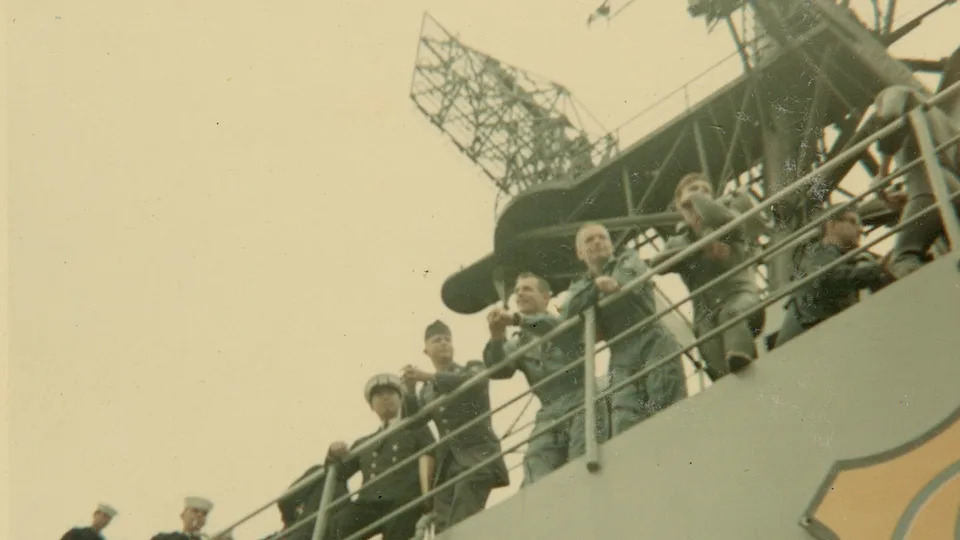 Neil Armstrong on deck of ship