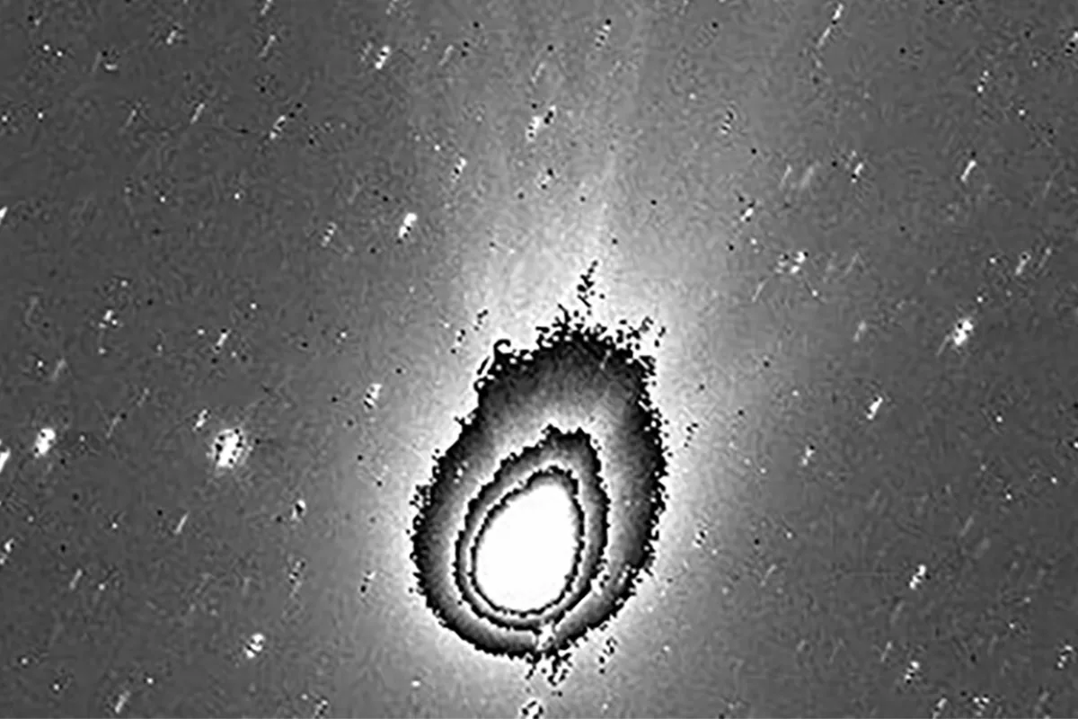 Image of comet 3I/ATLAS on 6 November 2025, captured by ESA's Juice spacecraft's JANUS science camera. Processed to reveal the structure of the comet's coma. Credit: ESA/Juice/JANUS