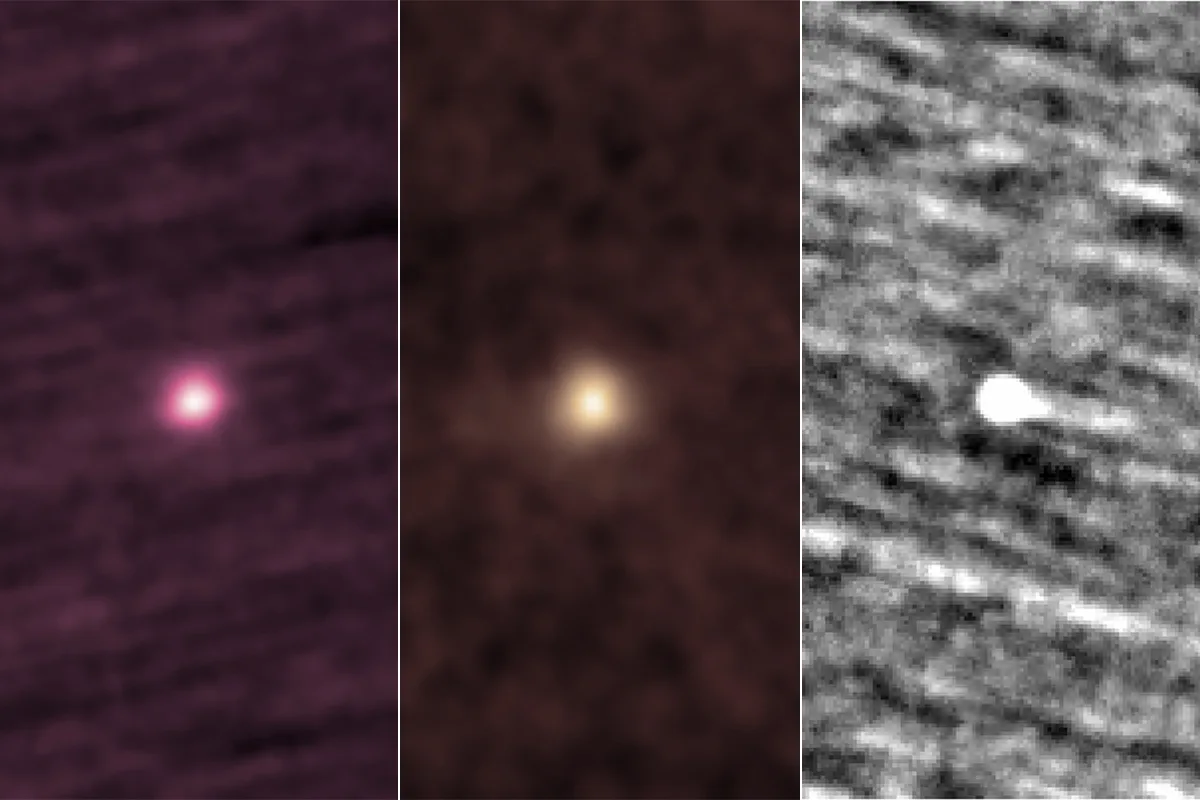 Images of comet 3I/ATLAS as seen by, left to right, NASA's STEREO-A spacecraft, ESA/NASA SOHO spacecraft, NASA’s PUNCH spacecraft, September/October 2025. Credit: NASA/Lowell Observatory/Qicheng Zhang; NASA/Southwest Research Institute