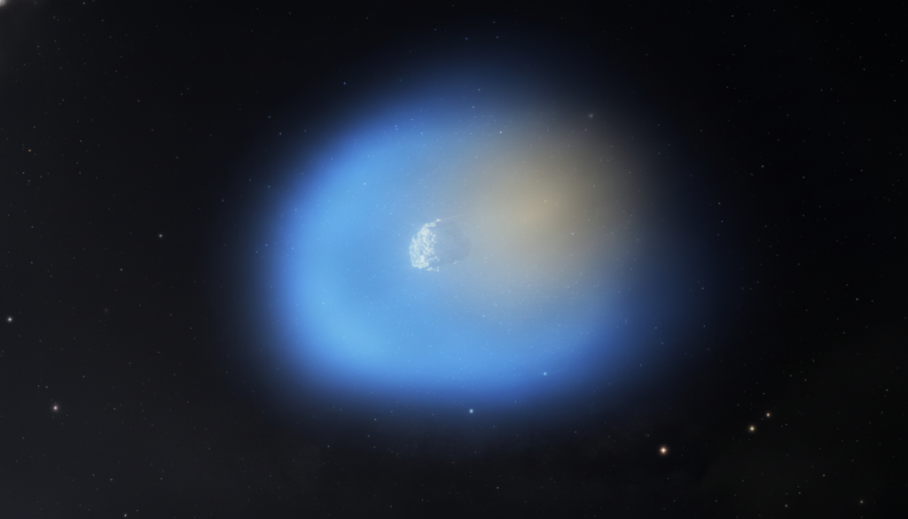A celestial body, possibly a comet or asteroid, with a bright blue and yellow glow, set against a dark, star-filled background.