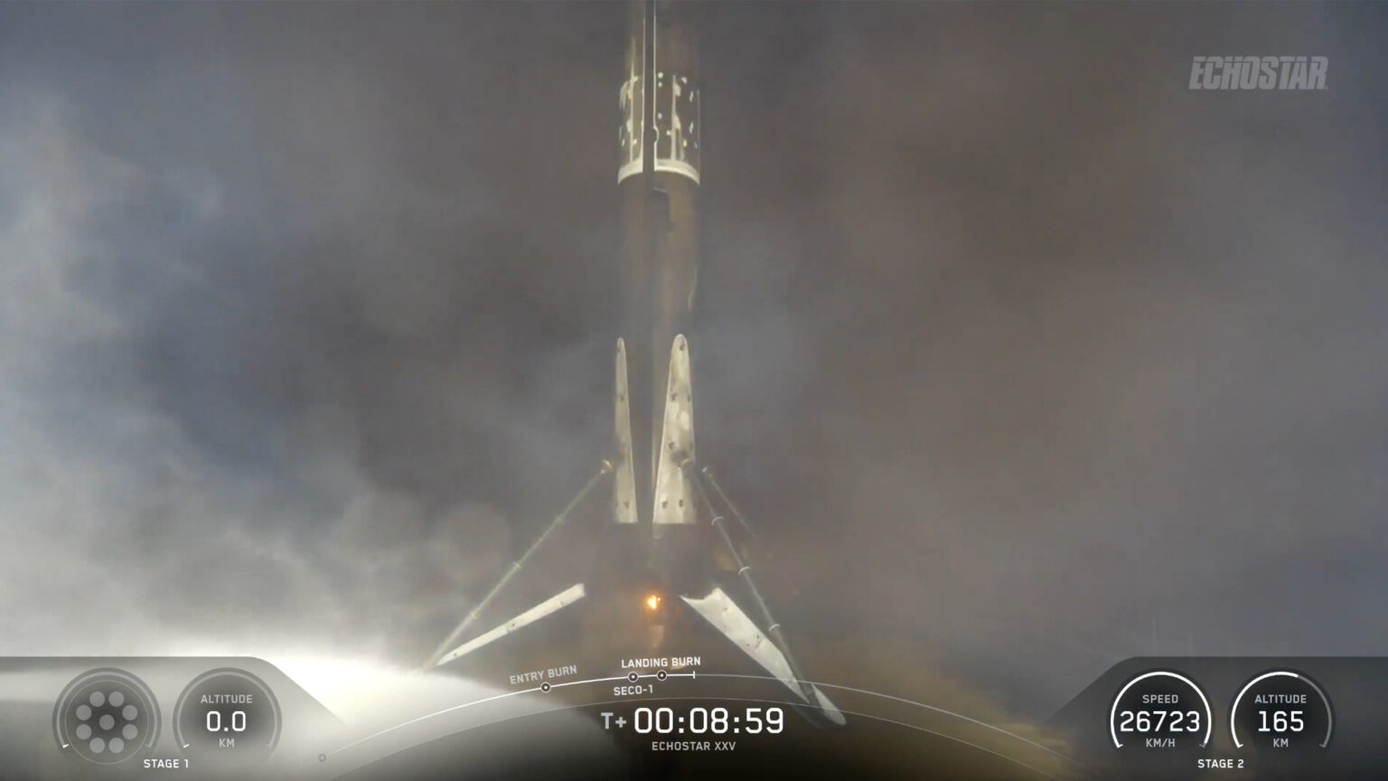 a black and white rocket stands on the deck of a ship at sea at night