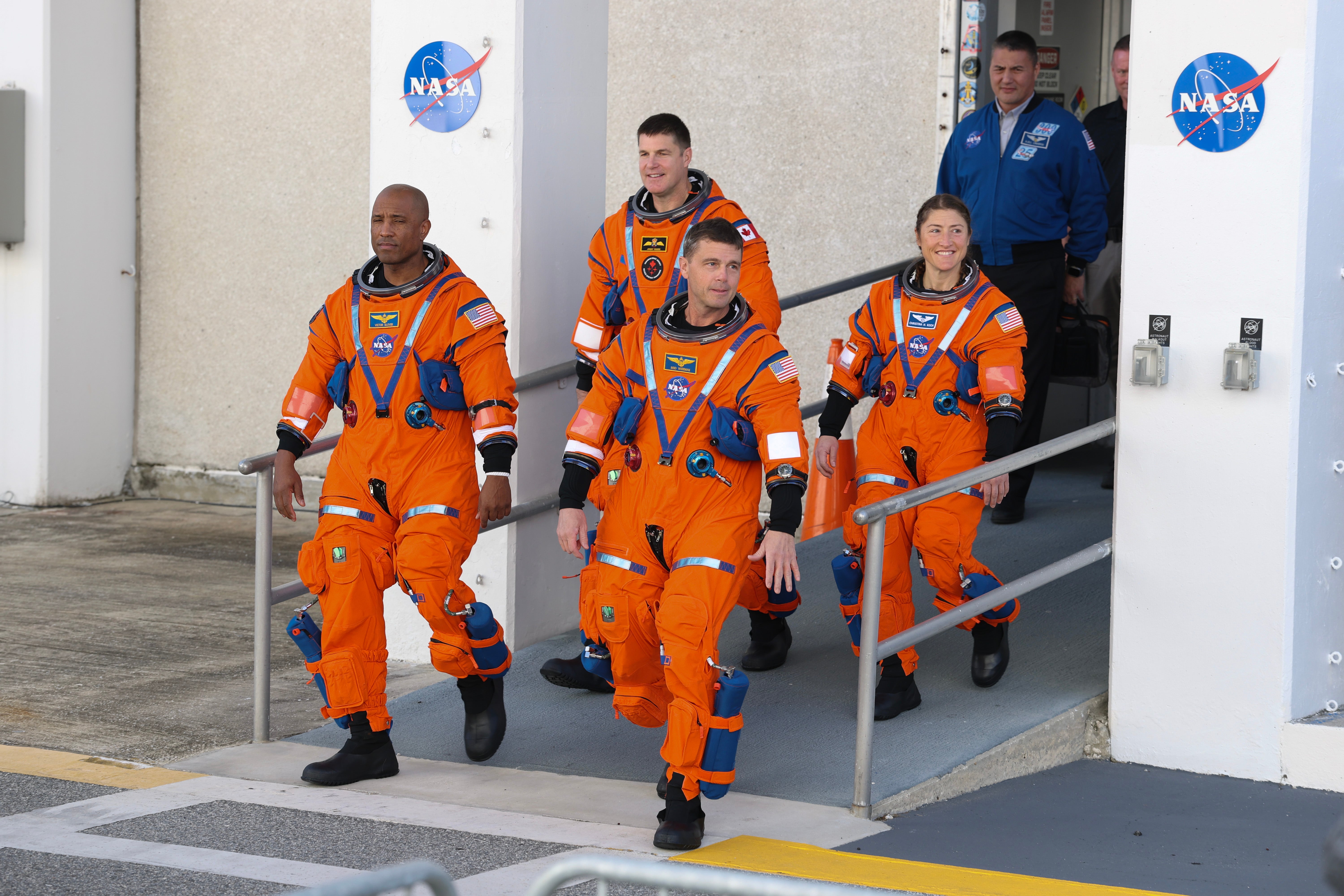 The Artemis II crew – (L-R) pilot Victor Glover, mission specialist Jeremy Hansen of CSA (Canadian Space Agency), commander Reid Wiseman and mission specialist Christina Koch – rehearse at Nasa’s Kennedy Space Center in Florida on 20 December, 2025 in Cape Canaveral, Florida