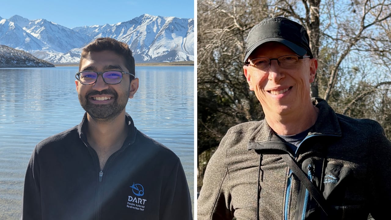 A man wearing glasses on the left and a man wearing a baseball smiles on the right. 
