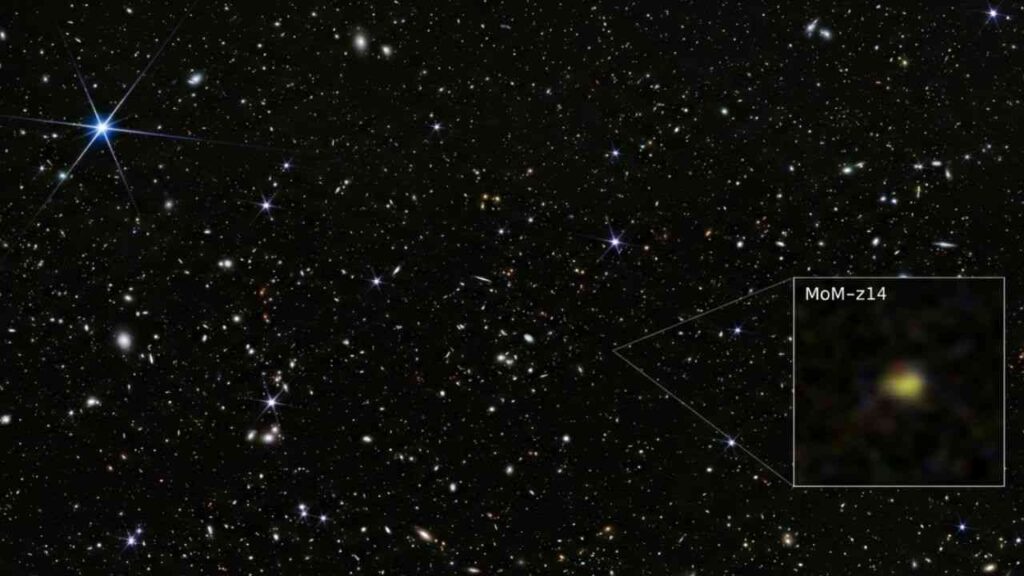 a newly discovered galaxy from the dawn of the Universe captured against the darkness of space