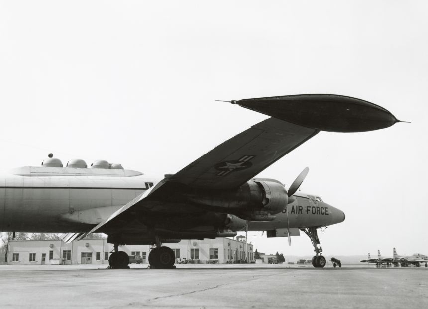 The Lockheed C-121 aircraft, assigned to the Directorate of Flight Test, at the Wright-Patterson Air Force Base in Ohio. Photo circa 1950s.