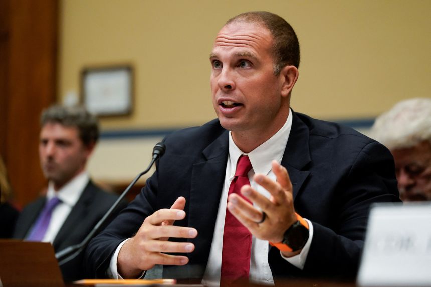 David Grusch, former National Reconnaissance Office representative on the Defense Department's Unidentified Aerial Phenomena Task Force, testifies during a hearing at the US Capitol Hill in Washington on July 26, 2023.