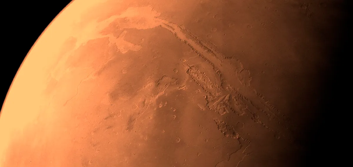 Valles Marineris is a 4,000km-long canyon that reaches depths of 7km – about five times deeper than the Grand Canyon on Earth. It is a tectonic crack, created four billion years ago as the planet cooled.