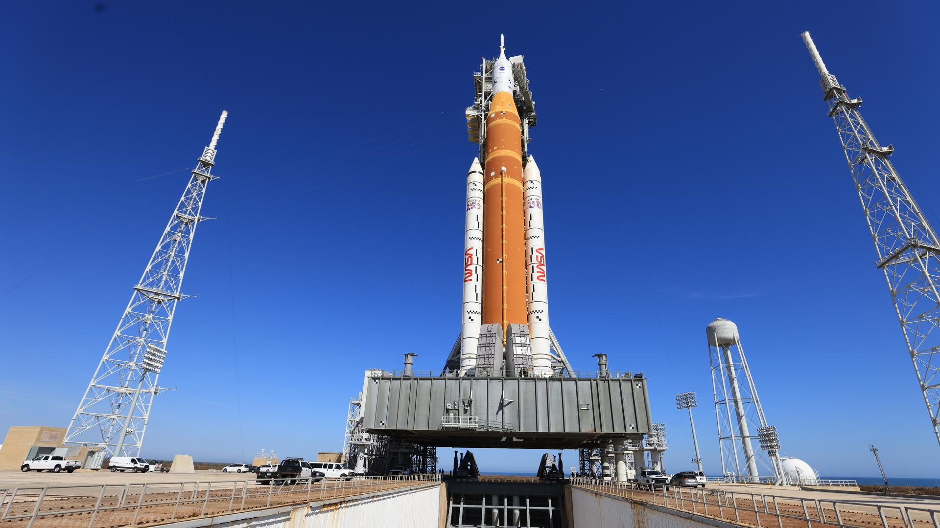 NASA’s Artemis II SLS rocket and Orion spacecraft stand vertical on mobile launcher 1 at Launch Complex 39B at NASA’s Kennedy Space Center in Florida on Feb. 10, 2026. 