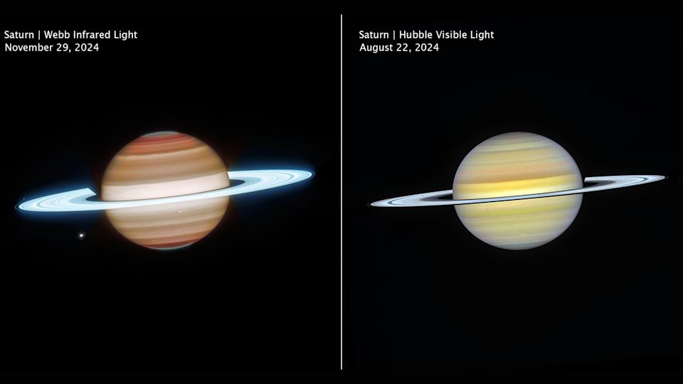 A side-by-side-comparison of photos captured of Saturn from the Webb telescope and the Hubble telescope.