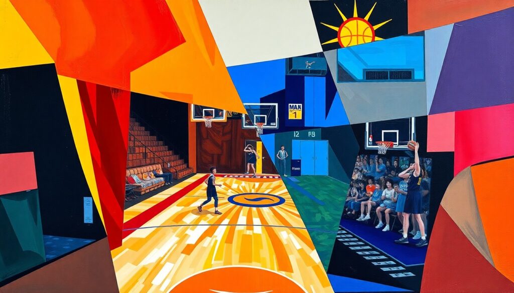 A cubist-style painting featuring overlapping geometric shapes and planes in the official team colors of the Houston Comets and Connecticut Sun, conceptually representing the transition of the WNBA franchise from Connecticut to Houston.