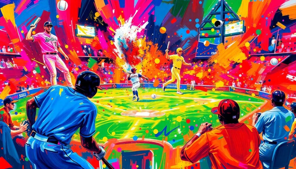 An abstract expressionist painting in vibrant neon colors, with dynamic brushstrokes capturing the raw energy and excitement of a minor league baseball game.