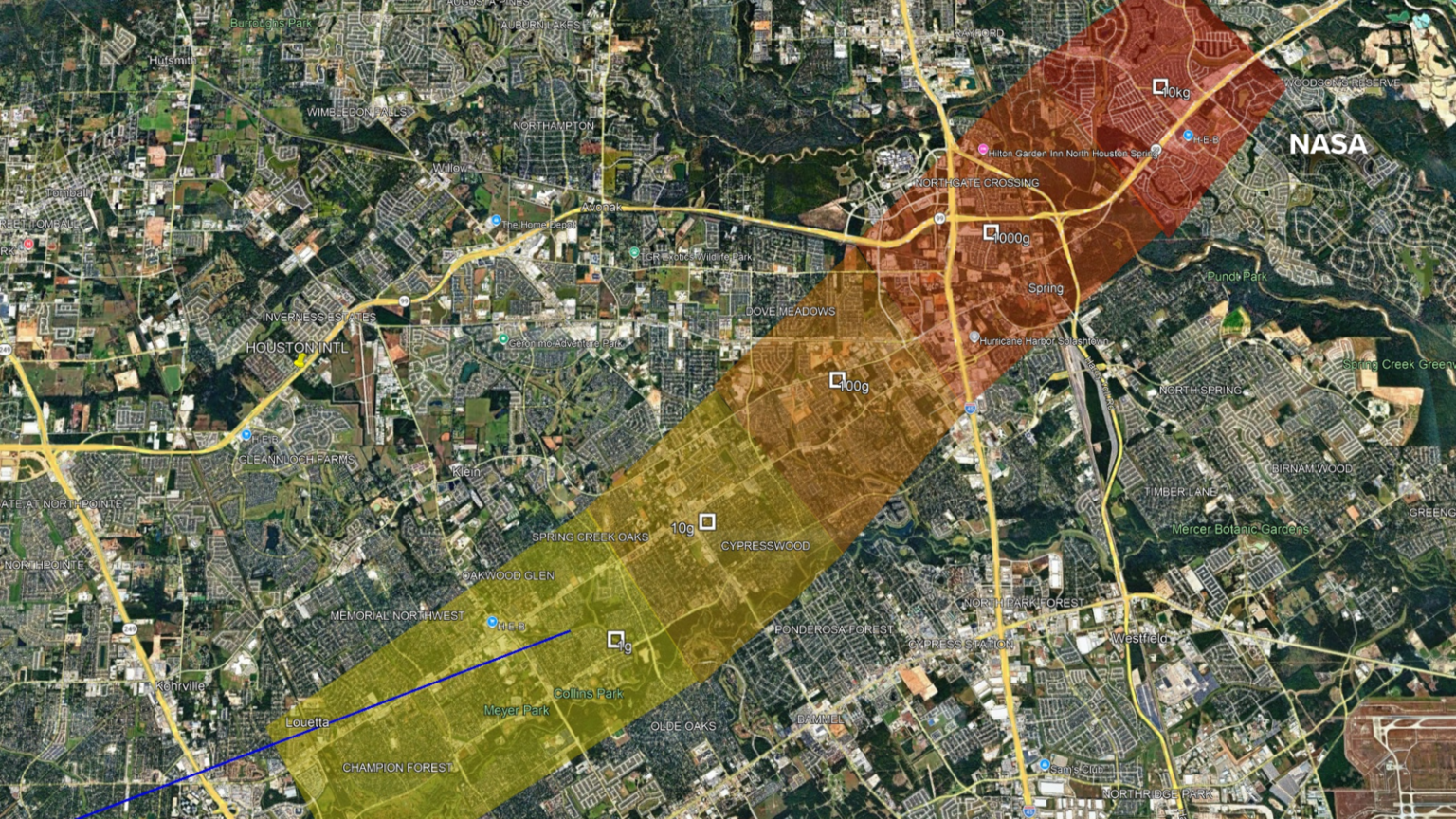 NASA strewn field map shows where pieces of apparent meteor might have landed in Harris, Montgomery Counties