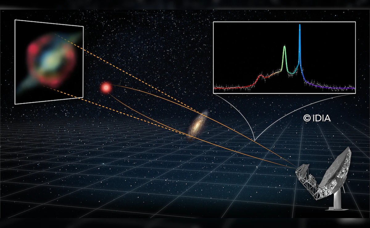 Galaxy 8 billion light-years away, magnified by foreground galaxy, reveals hydroxyl gigamaser through radio light spectrum analysis.