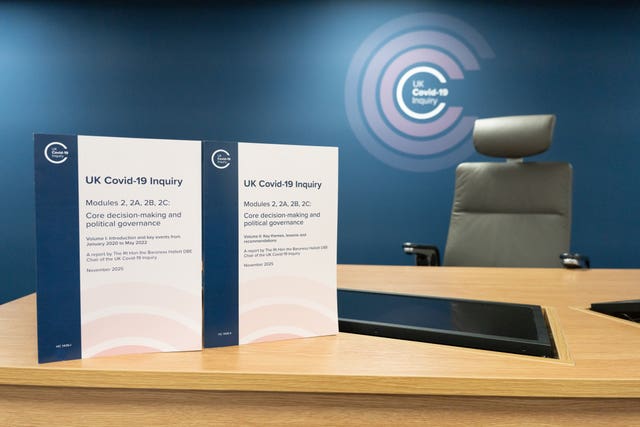 Undated handout photo issued by UK Covid-19 Public Inquiry of copies of its findings into decisions made by former prime minister Boris Johnson and his senior advisers