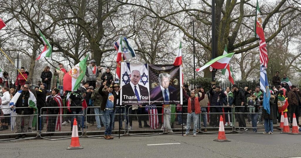 Demonstrators gather outside Iranian embassy in support of war