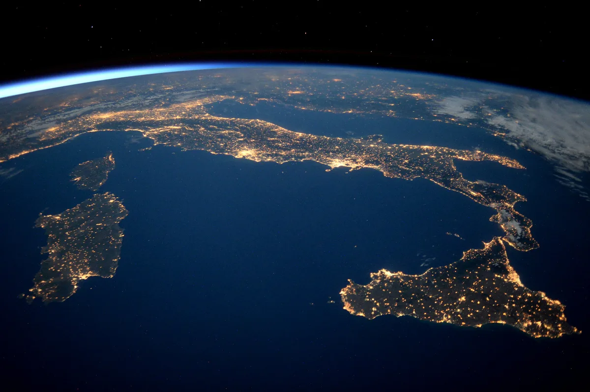 The 'boot' of Italy at night from space, as photographed by UK astronaut Tim Peake. Credit: ESA/NASA