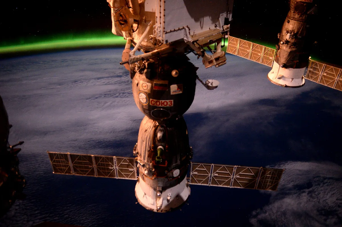 The Soyuz TMA-19M that would take Peake back to Earth at the end of his Principia mission. Peake photographed the Soyuz docked to the Space Station while onboard the ISS. Credit: ESA/NASA