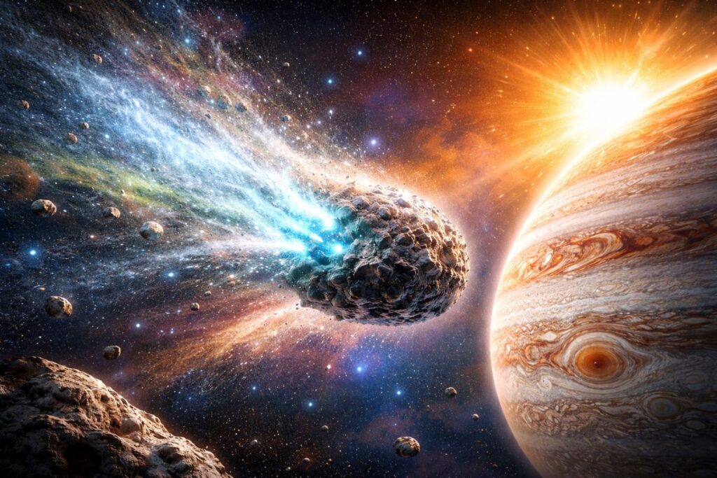 3IATLAS, the oldest interstellar comet ever seen, has a ruptured outer layer near the Sun, revealing water, methanol, carbon, and hydrogen cyanide as it passes by Jupiter, reinforcing the hypothesis.