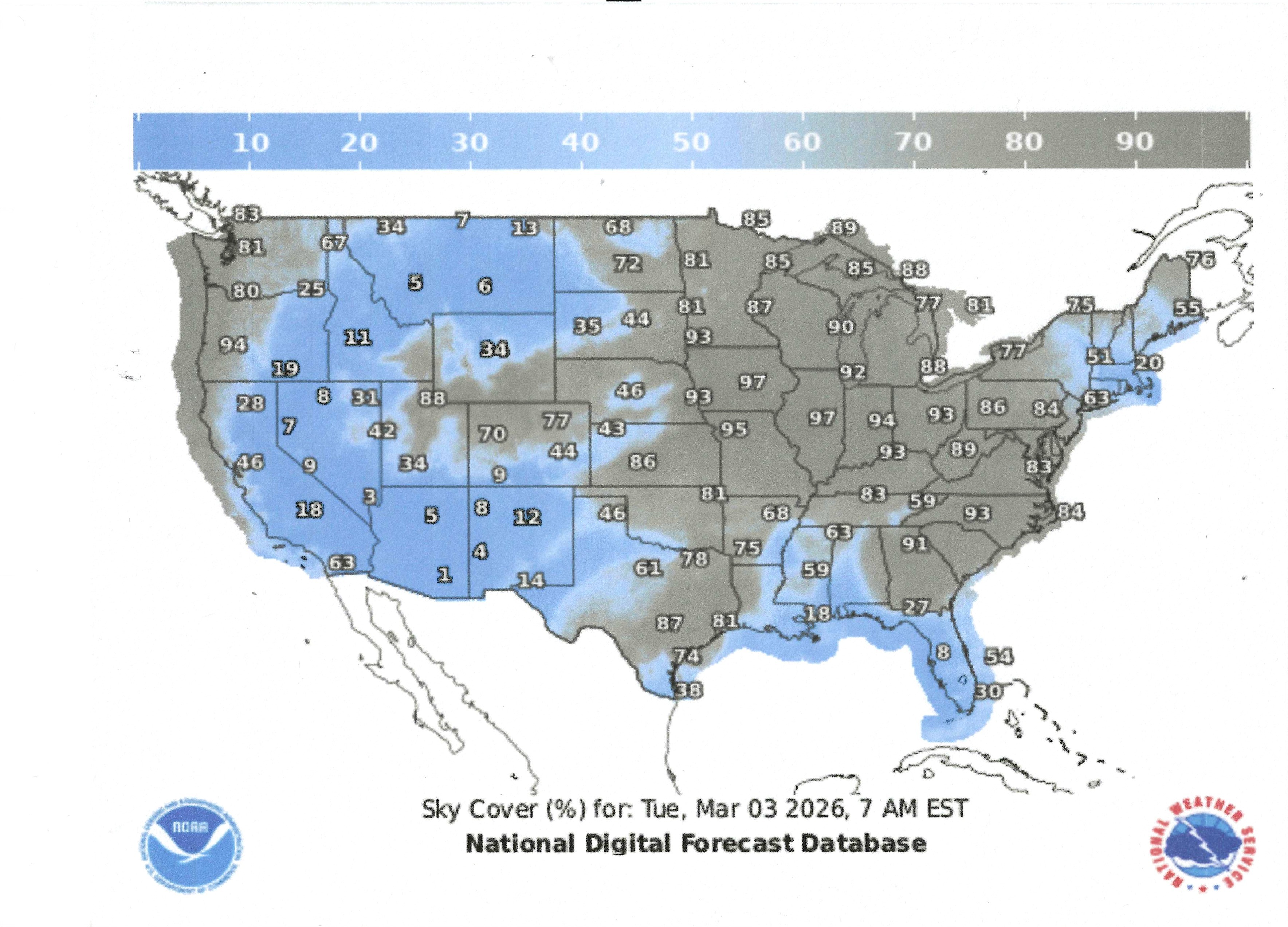 map showing the percentage sky cover for the us on the date of march 3 2025 for the total lunar eclipse.