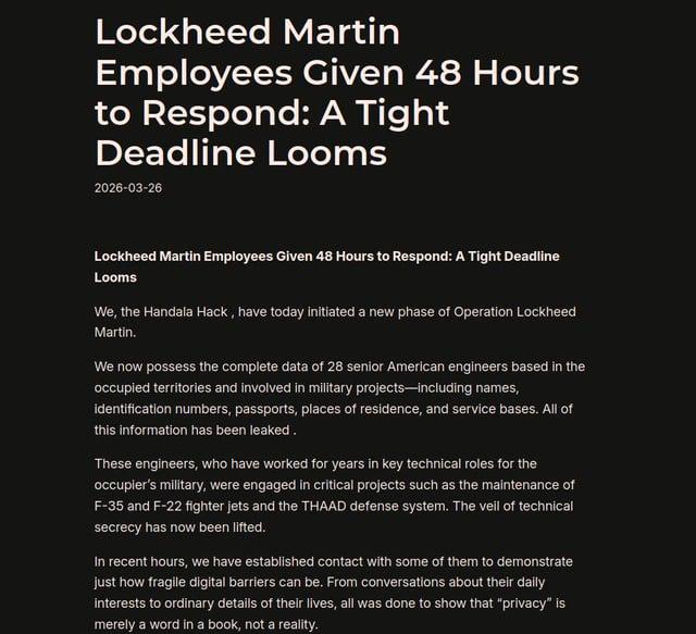 The Lockheed Martin hack is REAL. The group just leaked the full passports of 28 senior US Lockheed engineers operating in Israel.