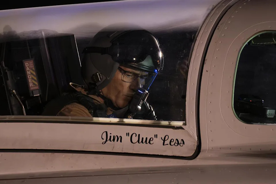 NASA test pilot Jim 'Clue' Less sits inside the cockpit of the experimental X-59 quiet supersonic jet at NASA's Armstrong Flight Research Center in Edwards, California.