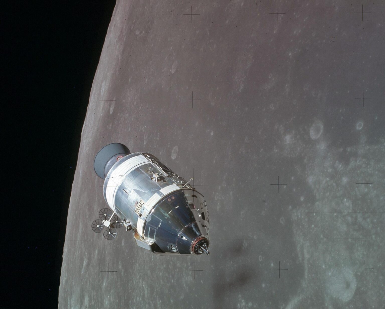 Courtesy of NASA, Apollo 15 CSM during rendezvous with the LM, August 2, 1971