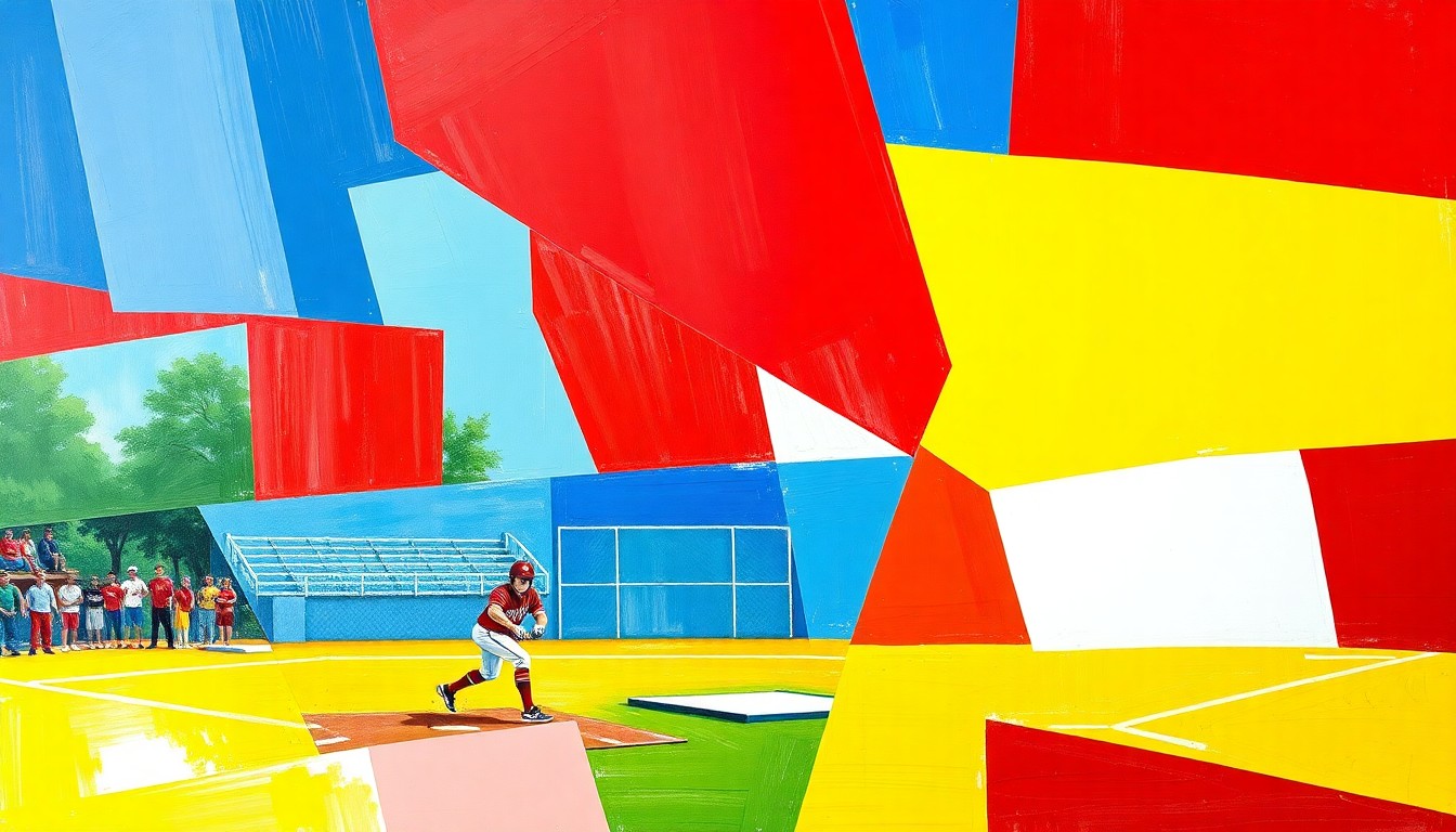 A fragmented, geometric painting in bold primary colors depicting the dynamic movements and energy of a high school softball game, with the players and field broken down into sharp, overlapping planes.