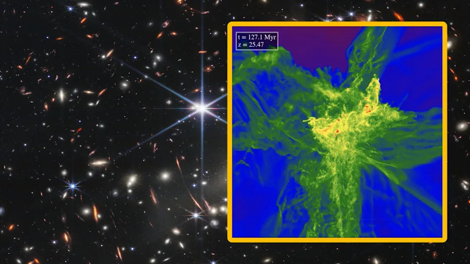 A dense JWST image of space, with a box showing green tendrils of gas coming out of giant red stars