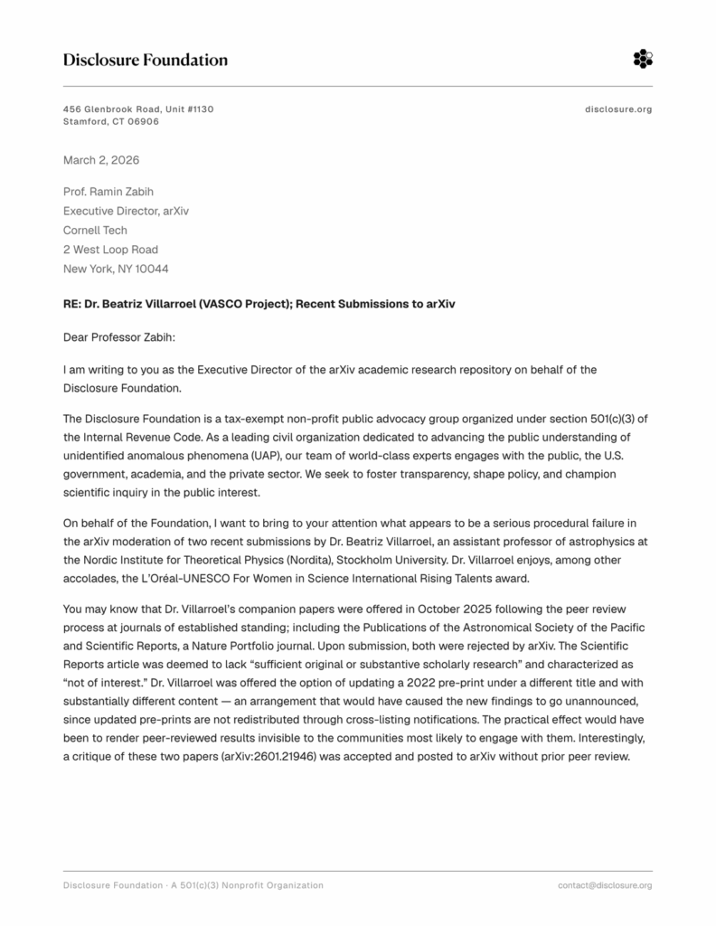 Chris Mellon sends "Arxiv" a letter after they inexplicably rejected 2 submissions from Dr. Beatriz Villarroel - "Do you really want to continue to shun the UAP issue as compelling new data becomes available, data that has the potential to revolutionize our understanding of science and engineering?"