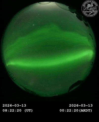 Mesmerising and bright aurora from Poker Flat, Alaska 13.3.26.