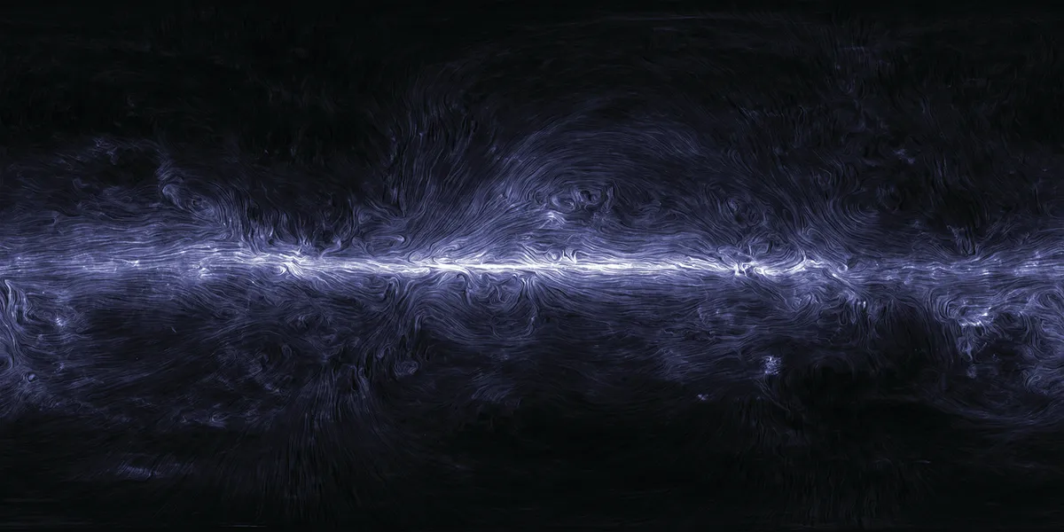 Interstellar dust grains in our Galaxy glow at submillimetre wavelengths and can be aligned to the magnetic field to give this polarised view.