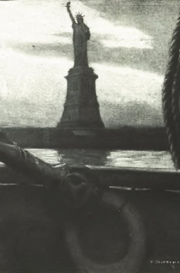 A man overlooks the Statue of Liberty from a boat. 